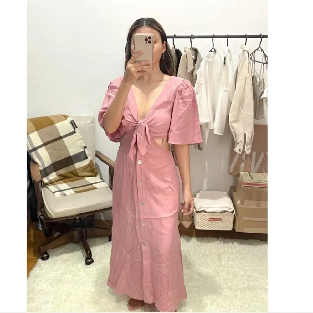 Zara Tie Bow Front Cut  Out Midi Dress Light Pink NWT Size XL - Picture 4 of 10